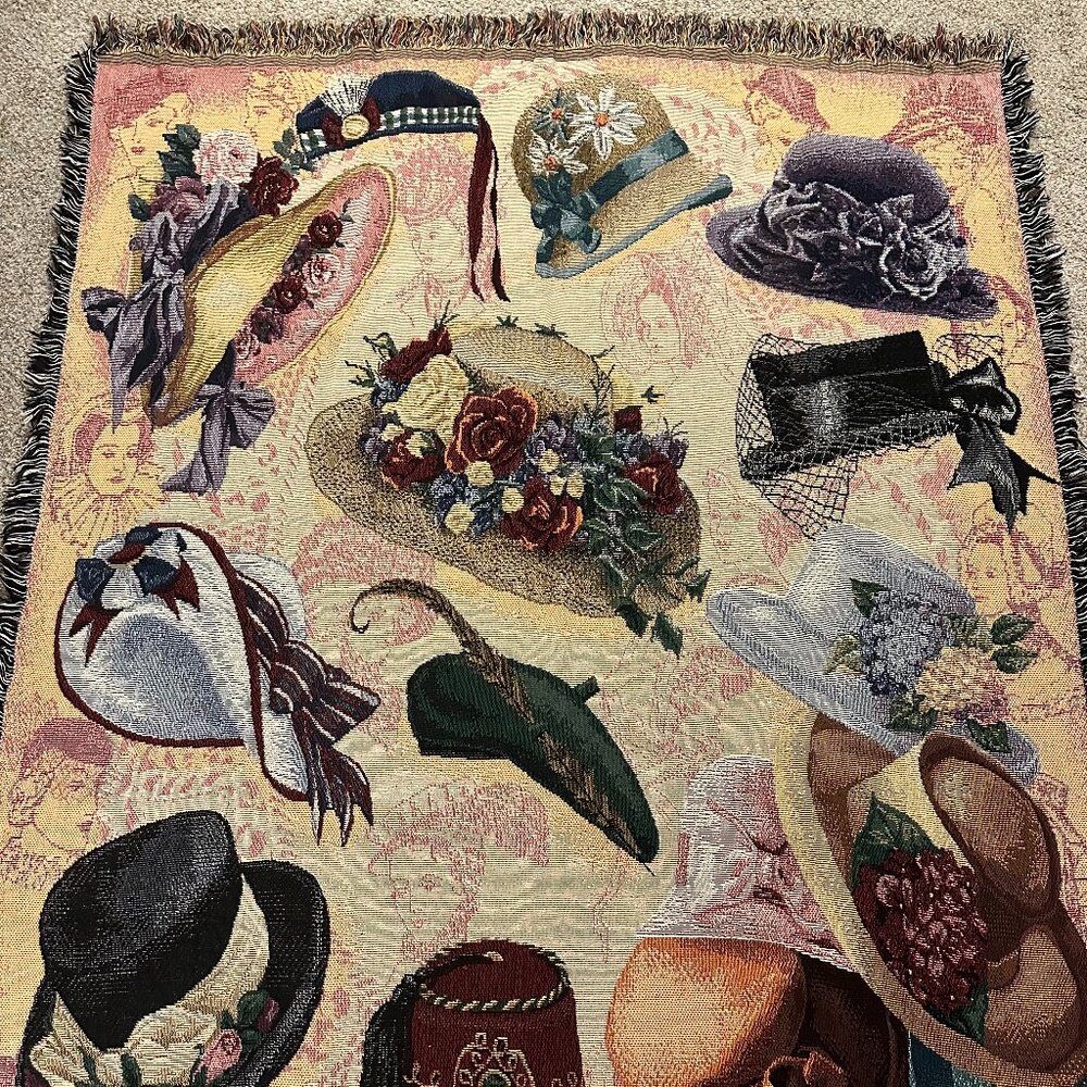 Vintage MILLINERY Tapestry THROW BLANKET 50x64 Hats Fez Pith Cloche jacquard